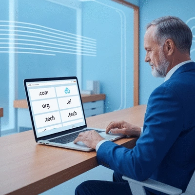 Person researching domain extensions on a laptop, with various TLDs displayed on screen