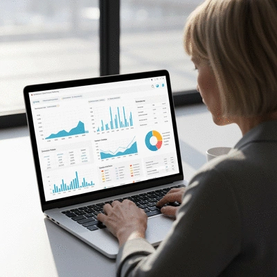 Person researching domain history on a laptop, with charts and graphs on screen
