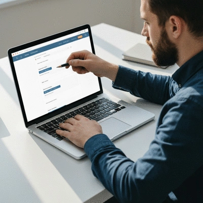 Person strategically placing internal links on a website interface on a laptop, demonstrating SEO optimization