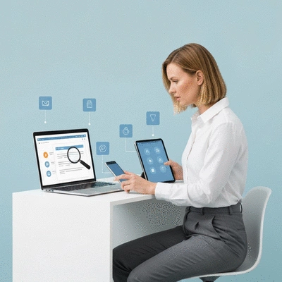 Person using tools to check domain history, with magnifying glass and various digital interface elements