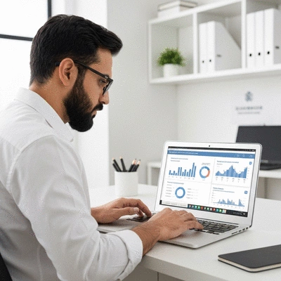 Person researching domain names on a laptop, with focus on branding and strategy