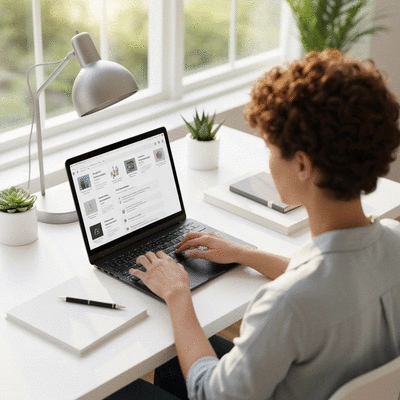 Person researching topic clusters on a laptop with a clean, modern desk setup