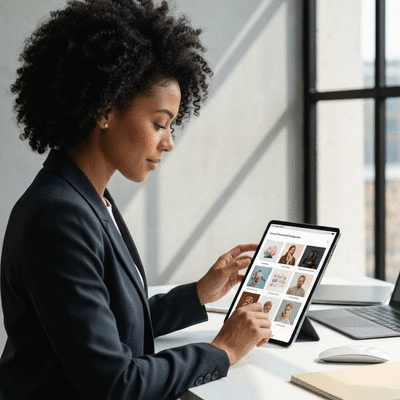 Person using a tablet to browse domain names, focusing on brand messaging