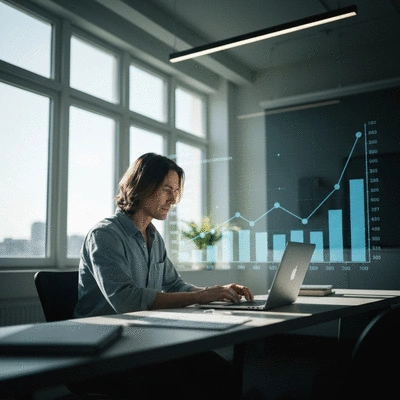 Person working on a laptop with a digital graph showing consistent growth, representing evergreen content success, no text, no words, no typography, clean image