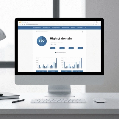 Website with a successful domain name on a computer screen, showing high SEO ranking