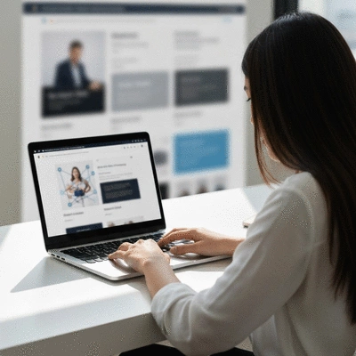 Person researching internal linking strategies on a laptop, with blurred website content on screen