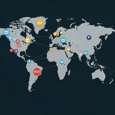 Stylized global map showing interconnected domain extensions, symbolizing reach and strategy