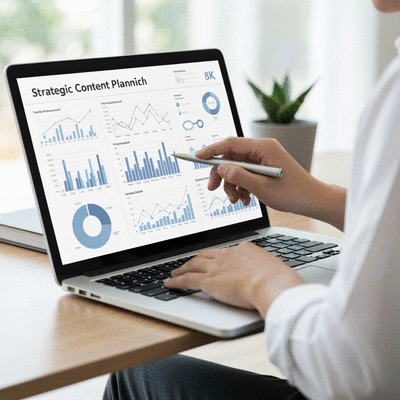 Person conducting keyword research on a computer, with graphs and data analysis on screen, illustrating strategic content planning