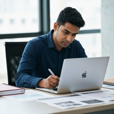 Person writing comprehensive content on a laptop, surrounded by notes and research materials