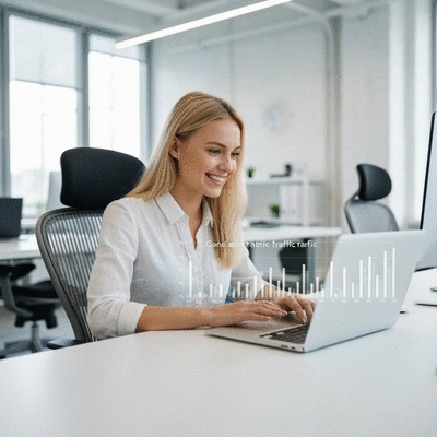 Person working on a laptop with a chart showing consistent website traffic growth, clean office background, no text, no words, no typography