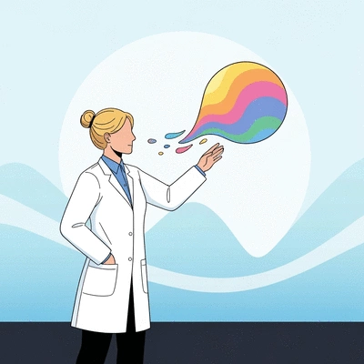 Illustration of a person dispelling a myth bubble about SEO rankings, with 'domain age' written inside the bubble, modern, clean, no text, no words, no typography, 8K