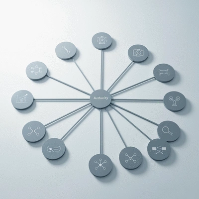 Conceptual image representing topical authority with interconnected ideas and a central hub, clean image