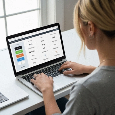 Person researching domain names on a laptop, with various domain extensions displayed on screen