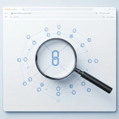 Magnifying glass over a complex web of internal links on a website, illustrating link auditing and optimization