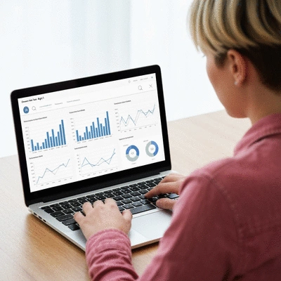 Person researching domain age impact on SEO ranking on a laptop, with graphs and data visually represented around them, no text, no words, no typography, 8K, clean image