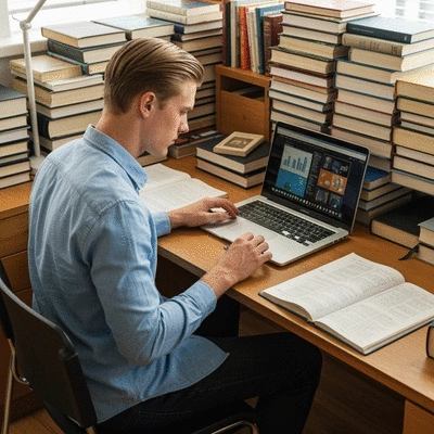 Person studying a complex topic on a laptop, surrounded by books and notes, illustrating in-depth research and learning