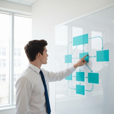 Person pointing at a flowchart showing interconnected website pages, illustrating internal linking