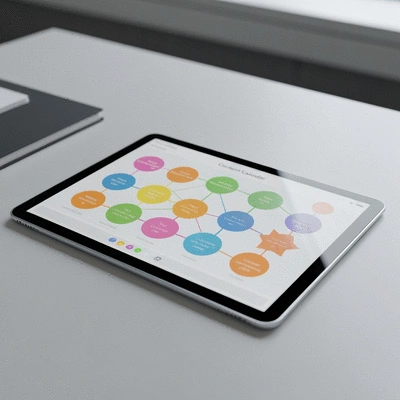 Close-up of a content calendar on a tablet, showing planned topic clusters