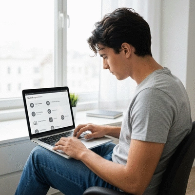 Person researching domain names on a laptop with brand elements