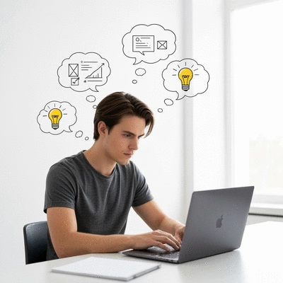 Person researching keywords on a laptop, demonstrating topical authority