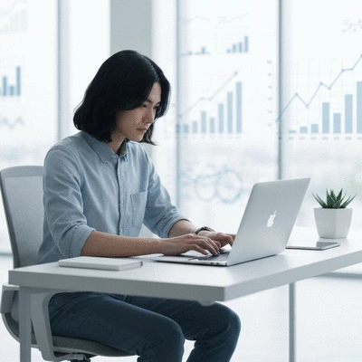 Person researching content strategy on a laptop, with graphs and data in the background