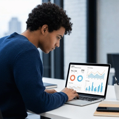 Person researching domain history on a laptop, with charts and graphs on screen