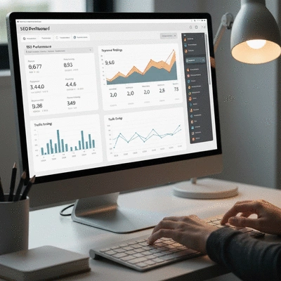 Digital dashboard showing SEO performance metrics and graphs