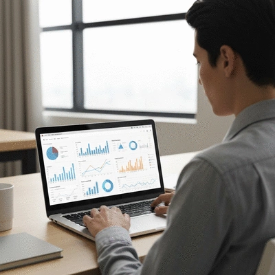Person researching keywords on a laptop with graphs and data on screen